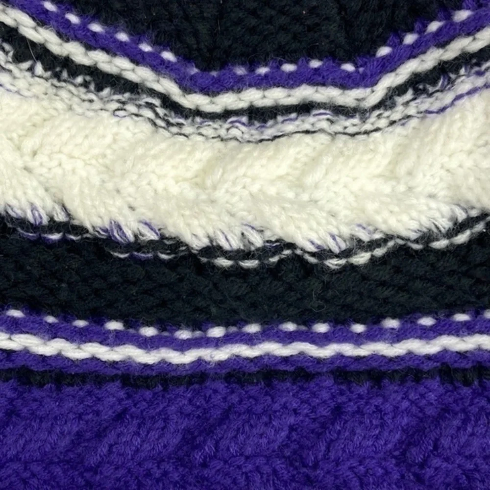 Joes Winter Hat Striped Knit Purple Black White Pom Pom Beanie Winter Hat